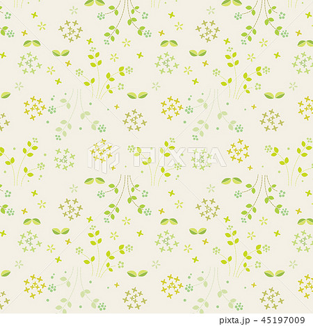 北欧風 小花と葉っぱ グリーンカラー ベージュ背景 パターンのイラスト素材