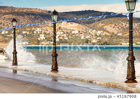 Promenade walking area on seaside in greek resort Promenade walking area on seaside in greek resort 45197908