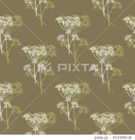 Seamless pattern of highly detailed hand drawn forest field plant on brown background. Vector design 45200616