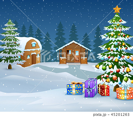 cartoon snow wooden house and christmas tree 45201263