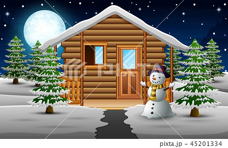 Cute snowman standing in front of the house Cute snowman standing in front of the house 45201334