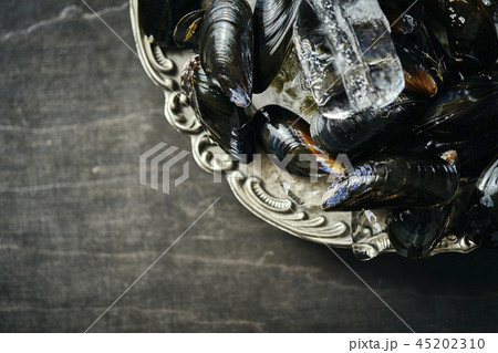 fresh delicious raw mussels with ice on an old silver plate 45202310
