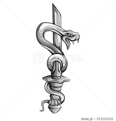 Vector tattoo dagger with snake. Dagger decorated with large blue sapphire. Snake wraps around 45203410