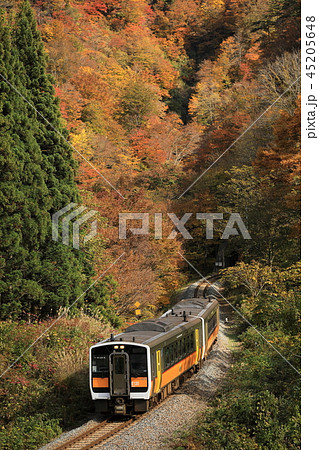 紅葉と米坂線の写真素材