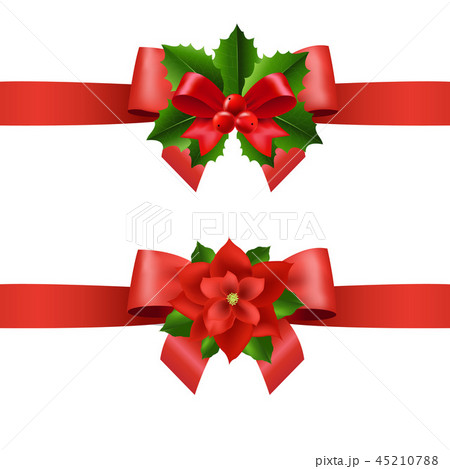 Red Ribbon With Holly Berry And Poinsettia 45210788