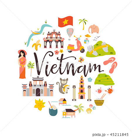 Vietnam Cartoon Vector Banner Travel Illustrationのイラスト素材