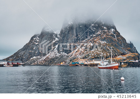 Ship in Hamnoy fishing village on Lofoten Islands, Norway Ship in Hamnoy fishing village on Lofoten Islands, Norway 45213645