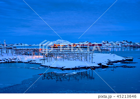 Reine village at night. Lofoten islands, Norway Reine village at night. Lofoten islands, Norway 45213646