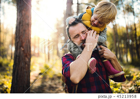 A mature father holding a toddler son in an autumn forest, having fun. 45213958