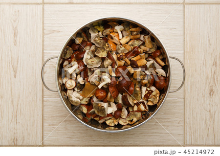 Pan with raw forest edible mushrooms Pan with raw forest edible mushrooms 45214972