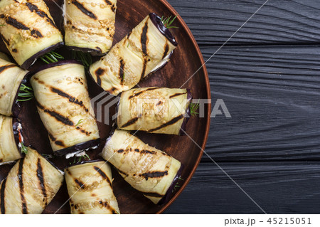 Grilled eggplant aubergine rolls with cream cheese Grilled eggplant aubergine rolls with cream cheese 45215051