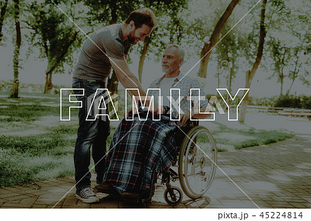Family Walking in Park. Son Covered Rug Old Man. 45224814