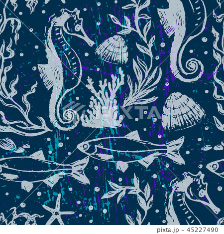 Ink hand drawn seamless pattern with night sea life scene Ink hand drawn seamless pattern with night sea life scene 45227490
