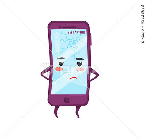 Humanized mobile phone with sad face. Smartphone with cracked screen. Broken display. Cartoon Humanized mobile phone with sad face. Smartphone with cracked screen. Broken display. Cartoon 45228623