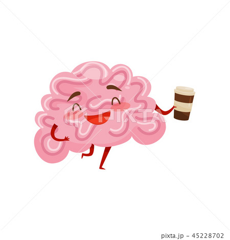 Humanized brain laughing and holding plastic cup of coffee. Funny cartoon character. Human organ Humanized brain laughing and holding plastic cup of coffee. Funny cartoon character. Human organ 45228702