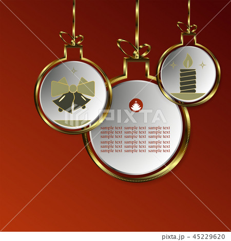 Red composition of abstract Christmas balls with silhouettes of bells and a burning candle with a 45229620