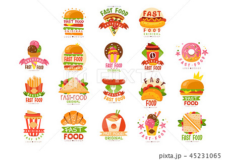 Fast food logos set, food and drink menu, burger, hot dog, pizza, taco, coffee, donut, sandwich, ice Fast food logos set, food and drink menu, burger, hot dog, pizza, taco, coffee, donut, sandwich, ice 45231065
