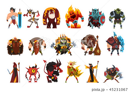 Fantasy creatures and humans. Orc, warrior in armor, fire monster, snake, viking, giant, wild man Fantasy creatures and humans. Orc, warrior in armor, fire monster, snake, viking, giant, wild man 45231067