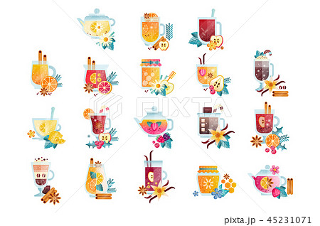 Hot drinks with fruits, berries, spices and herbs set, vitamin healthy drinks vector Illustrations Hot drinks with fruits, berries, spices and herbs set, vitamin healthy drinks vector Illustrations 45231071