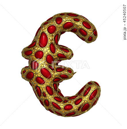 Euro sign made of golden shining metallic 3D with red glass isolated on white background. 45240507