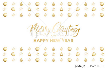 Christmas and New Year banner. Winter holiday card with shiny gold decorations and calligraphy Christmas and New Year banner. Winter holiday card with shiny gold decorations and calligraphy 45240980