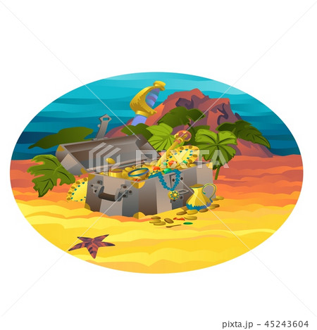 Oval poster with metal pirate chest and gold coins and jewels. Vector cartoon close-up illustration. 45243604