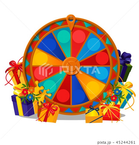 The wheel of fortune with gift boxes and flowers isolated on white background. Vector cartoon close The wheel of fortune with gift boxes and flowers isolated on white background. Vector cartoon close 45244261