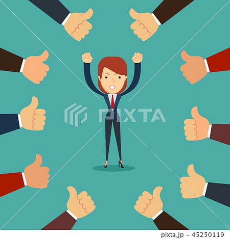 Many hands congratulate a winner with thumbs up sign 45250119
