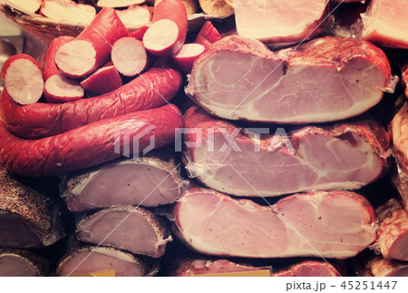 Meat and sausages in market Meat and sausages in market 45251447