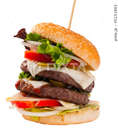 delicious double tasty hamburger with beef cutlet and vegetables delicious double tasty hamburger with beef cutlet and vegetables 45251663
