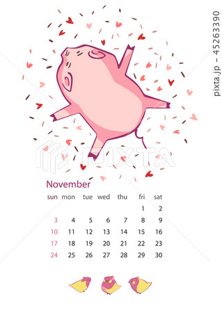 Monthly creative calendar 2019 with cute pig. Concept, vector vertical editable template. Symbol of 45263390