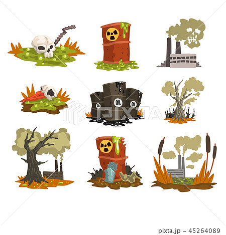 Ecological problems set, pollution of water, earth, air, environmental pollution concept vector 45264089