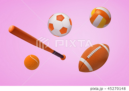 3d rendering of several orange balls for soccer, American football and tennis, with a baseball bat 45270148