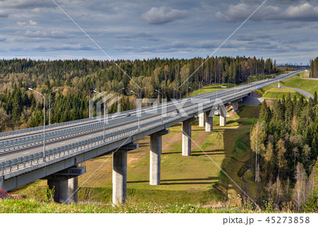 Steel bridge overpass on concrete piers Steel bridge overpass on concrete piers 45273858