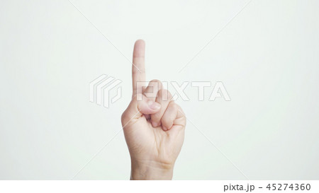 Close up of isolated female hand shows index finger up isolated on a white background Close up of isolated female hand shows index finger up isolated on a white background 45274360