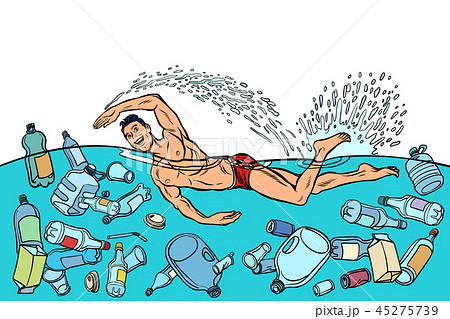 Ocean pollution by plastic trash. Ecology concept. man swimmer s 45275739