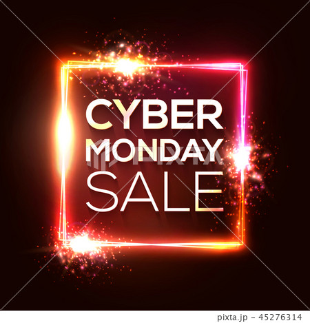 Cyber Monday shopping banner in neon style. Square background with abstract lights and sparkles 45276314