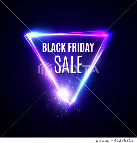 Black Friday background. Triangle logo design in neon style with discount text. Glowing lights Black Friday background. Triangle logo design in neon style with discount text. Glowing lights 45276315