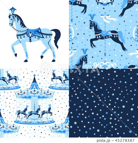 Blue Set Of Carousel Seamless Patterns Stock Illustration