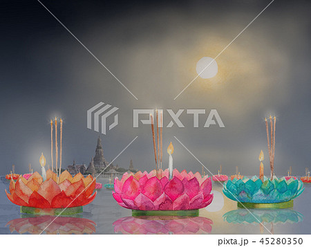 Loy Krathong festival in night full moon. Loy Krathong festival in night full moon. 45280350