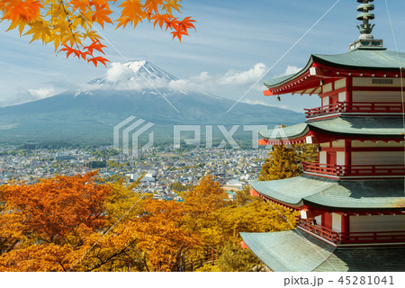 Mt. Fuji and red pagoda with autumn in Japan, 45281041