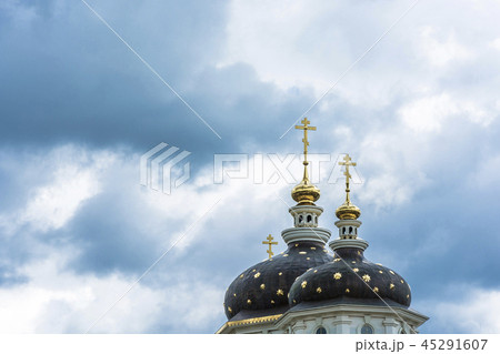 Beautiful church domes with gold crosses.  45291607