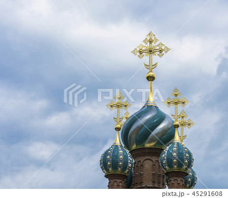 Beautiful church domes with gold crosses.  45291608