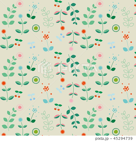 北欧風 刺繍花とサクランボ いろいろカラー おおきめ ベージュ背景 パターンのイラスト素材