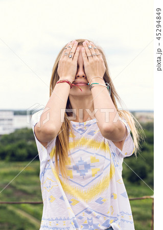 girl with eyes closed hands girl with eyes closed hands 45294849