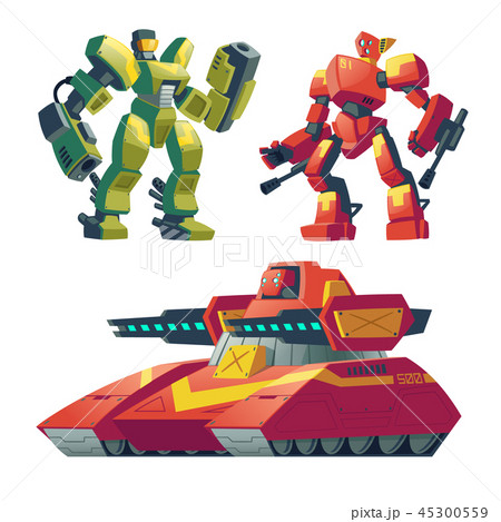 Vector cartoon robot guards, tank. Battle androids 45300559