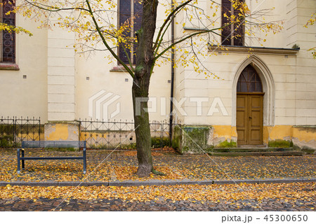Side door of Gothic church in Zatec town. Autumn. 45300650