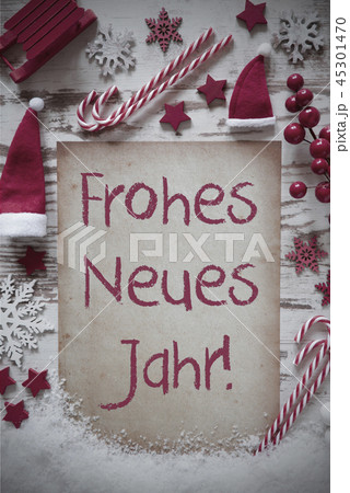 Flat Lay, Snow, Frohes Neues Means Happy New Year Flat Lay, Snow, Frohes Neues Means Happy New Year 45301470