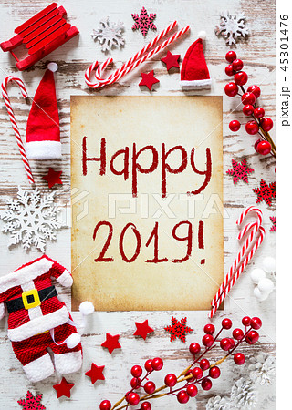 Bright Christmas Flat Lay, English Text Happy 2019 Bright Christmas Flat Lay, English Text Happy 2019 45301476