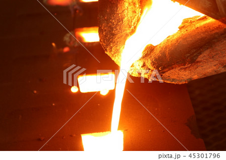 Iron molten metal pouring in sand mold 45301796